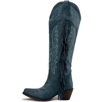Cowgirl Fringe Boots for Women Pointed Toe Mid Calf Western Knee High Cowboy Boots Classic Embroidery Tassel Boots