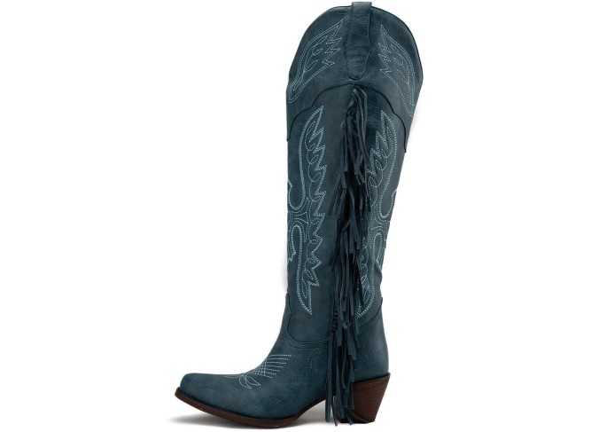 Cowgirl Fringe Boots for Women Pointed Toe Mid Calf Western Knee High Cowboy Boots Classic Embroidery Tassel Boots