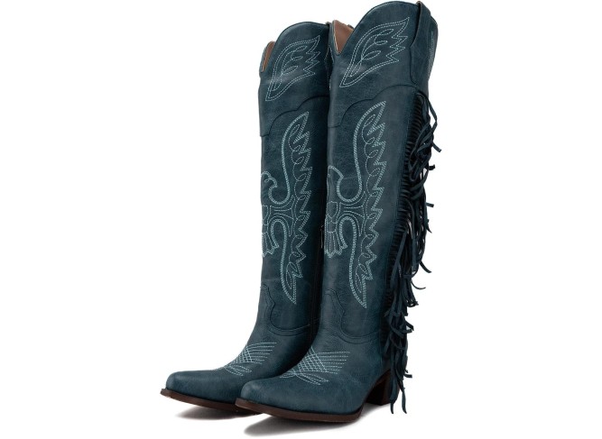 Cowgirl Fringe Boots for Women Pointed Toe Mid Calf Western Knee High Cowboy Boots Classic Embroidery Tassel Boots