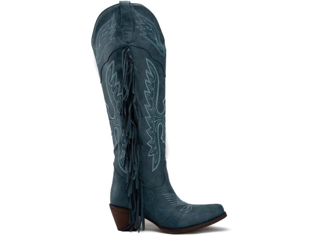 Cowgirl Fringe Boots for Women Pointed Toe Mid Calf Western Knee High Cowboy Boots Classic Embroidery Tassel Boots