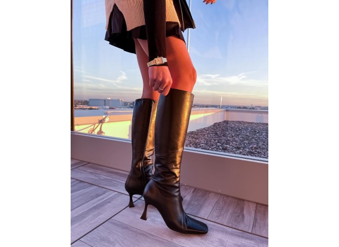Women's Stretch Knee High Boots Hourglass Shaped Stiletto Heel Calf Boots Square Toe Side Zip Heeled Boots Fall