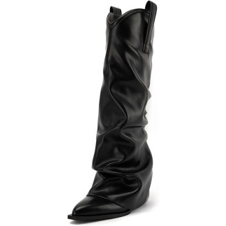 Pointed Toe Pull On Cowboy Boots;Classic Fold Over Cowgirl Slouchy Shark Boots Block Chunky Heel