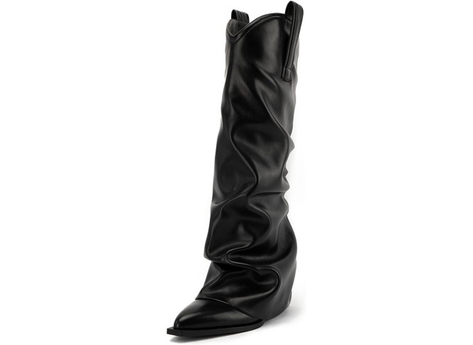 Pointed Toe Pull On Cowboy Boots;Classic Fold Over Cowgirl Slouchy Shark Boots Block Chunky Heel