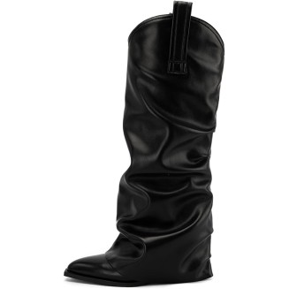 Pointed Toe Pull On Cowboy Boots;Classic Fold Over Cowgirl Slouchy Shark Boots Block Chunky Heel