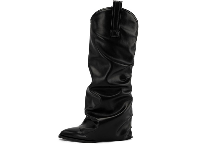 Pointed Toe Pull On Cowboy Boots;Classic Fold Over Cowgirl Slouchy Shark Boots Block Chunky Heel