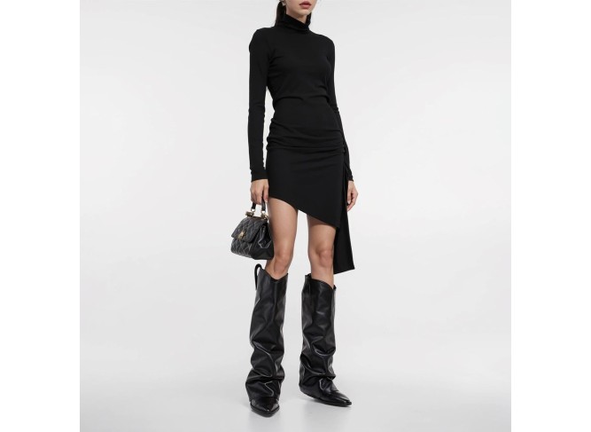 Pointed Toe Pull On Cowboy Boots;Classic Fold Over Cowgirl Slouchy Shark Boots Block Chunky Heel
