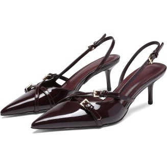 Women's Slingback Kitten Heels Buckle Strap Work Pumps Pointed Toe Slip On Comfortable Dress Shoes