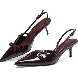Women's Slingback Kitten Heels Buckle Strap Work Pumps Pointed Toe Slip On Comfortable Dress Shoes