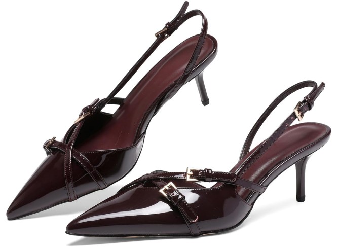 Women's Slingback Kitten Heels Buckle Strap Work Pumps Pointed Toe Slip On Comfortable Dress Shoes