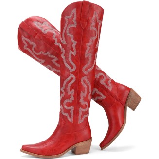 Cowboy Boots for Women Western Stitch Patterns Over The Knee Cowgirl Boots Snip Toe Chunky Heel Western Boots