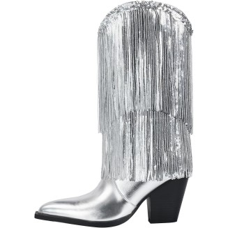Women's Metallic Western Cowboy Boots Fringe Cowgirl Mid-Calf Boots Pointed Toe Chunky Heel