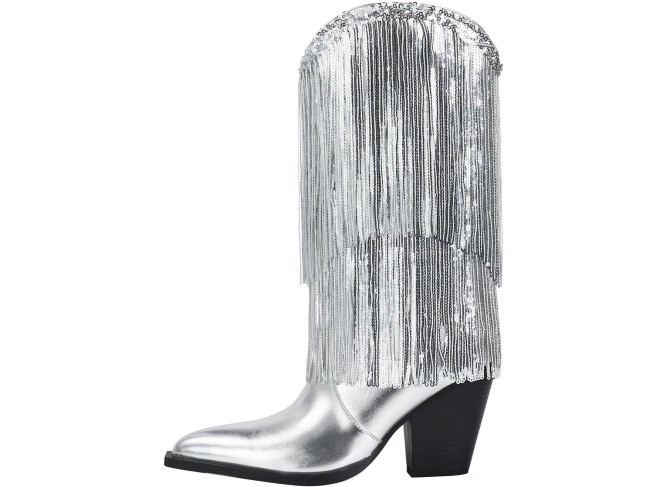 Women's Metallic Western Cowboy Boots Fringe Cowgirl Mid-Calf Boots Pointed Toe Chunky Heel