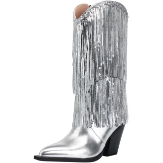 Women's Metallic Western Cowboy Boots Fringe Cowgirl Mid-Calf Boots Pointed Toe Chunky Heel