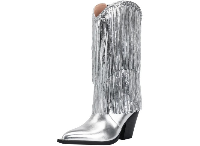 Women's Metallic Western Cowboy Boots Fringe Cowgirl Mid-Calf Boots Pointed Toe Chunky Heel