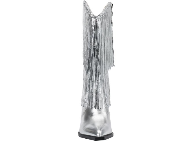 Women's Metallic Western Cowboy Boots Fringe Cowgirl Mid-Calf Boots Pointed Toe Chunky Heel