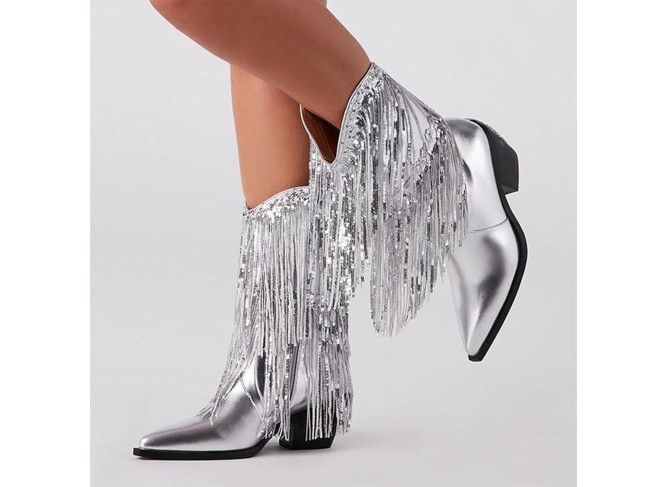 Women's Metallic Western Cowboy Boots Fringe Cowgirl Mid-Calf Boots Pointed Toe Chunky Heel