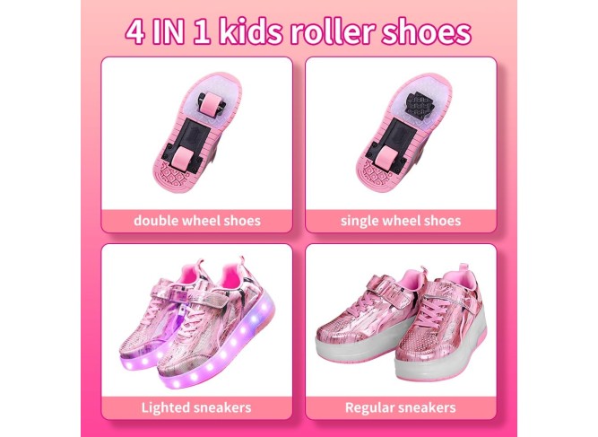  Kids Shoes with Double Wheels - Upgraded Kids Roller Shoes for Gifts, Retractable Wheels Skateboarding Shoes