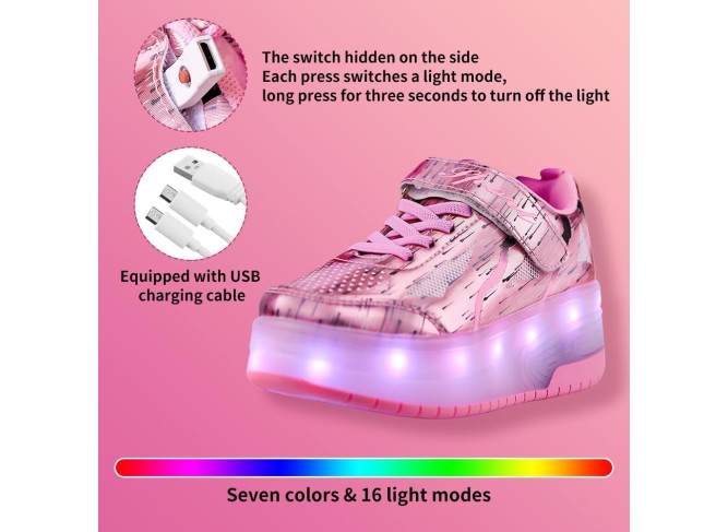  Kids Shoes with Double Wheels - Upgraded Kids Roller Shoes for Gifts, Retractable Wheels Skateboarding Shoes