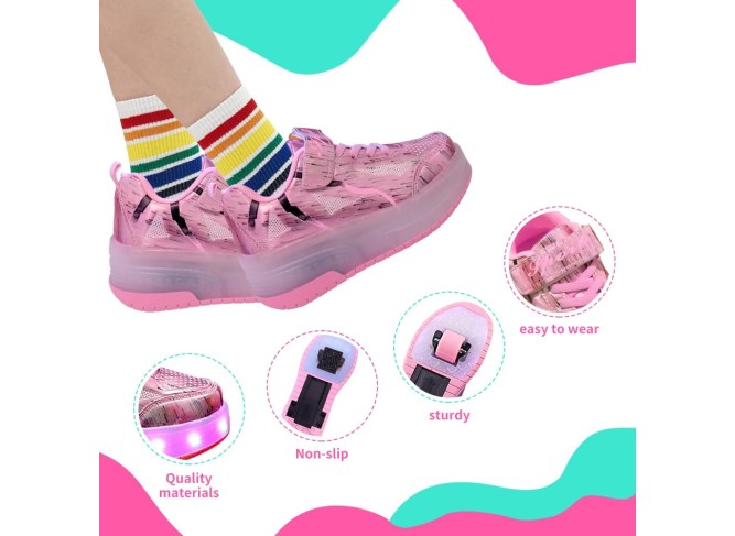  Kids Shoes with Double Wheels - Upgraded Kids Roller Shoes for Gifts, Retractable Wheels Skateboarding Shoes