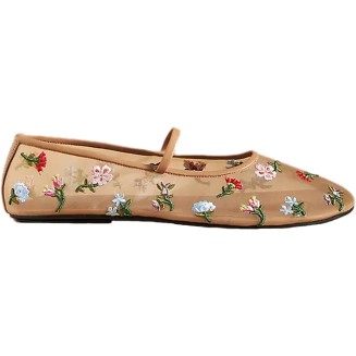 Nude Mesh Ballet Flats Floral Round Toe Mary Jane Flats Casual Comfortable Ballerina Flats