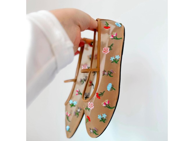 Nude Mesh Ballet Flats Floral Round Toe Mary Jane Flats Casual Comfortable Ballerina Flats