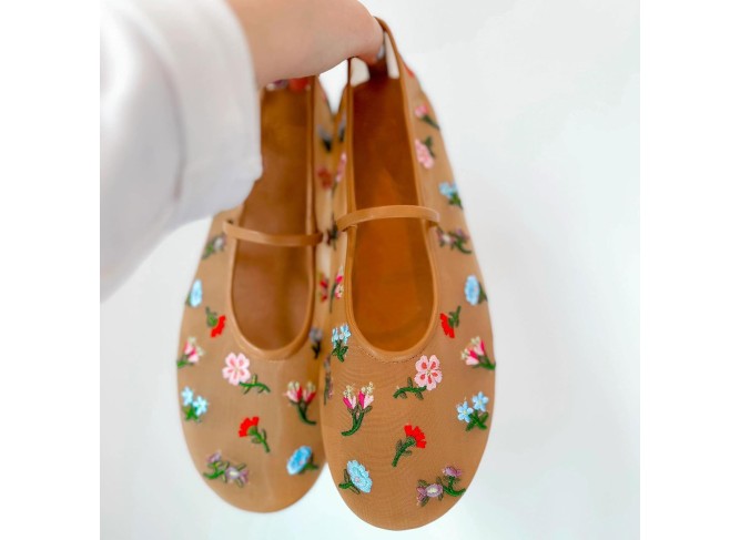 Nude Mesh Ballet Flats Floral Round Toe Mary Jane Flats Casual Comfortable Ballerina Flats