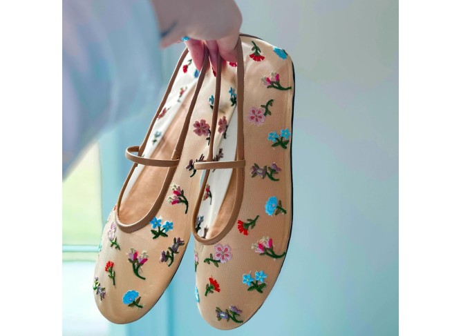 Nude Mesh Ballet Flats Floral Round Toe Mary Jane Flats Casual Comfortable Ballerina Flats