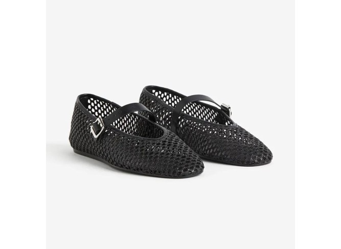 Woven Mesh Ballet Flats for Women Silver Metal Buckle Strap Mary Jane Flats Casual Comfortable Ballerina Dressy Fishnet Shoes