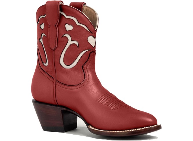 Red Short Cowgirl Cowboy Boots for Women Heart Inlay Western Booties Pull On Pointed Toe Chunky Heel Ankle Boots