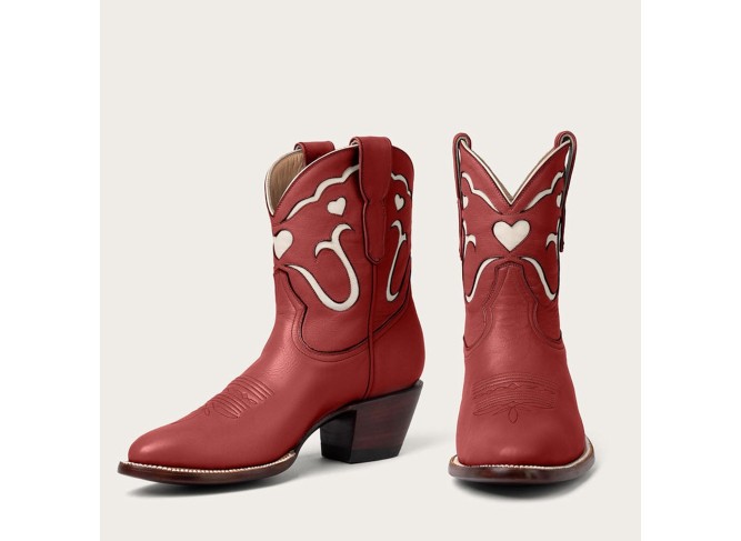 Red Short Cowgirl Cowboy Boots for Women Heart Inlay Western Booties Pull On Pointed Toe Chunky Heel Ankle Boots
