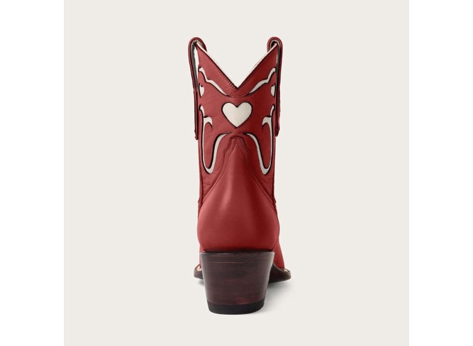 Red Short Cowgirl Cowboy Boots for Women Heart Inlay Western Booties Pull On Pointed Toe Chunky Heel Ankle Boots