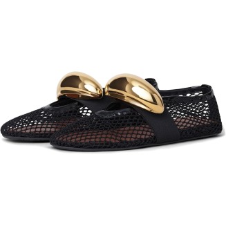 Mesh Ballet Flats for Women Brass Jewel Fishnet Flats with Strap Round Toe Ballerina Shoes Casual Slip On