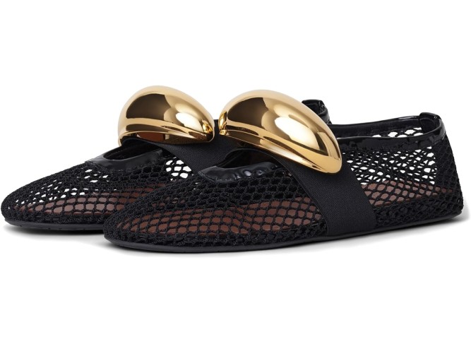 Mesh Ballet Flats for Women Brass Jewel Fishnet Flats with Strap Round Toe Ballerina Shoes Casual Slip On